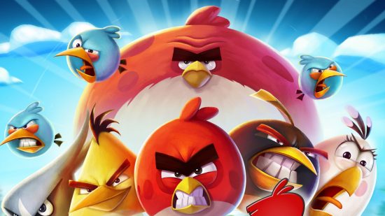 Sega Rovio acquisition -- art showing various birds, one giant red spherical one in the back, on smaller red spherical one front and centre, either side a black spherical one and a yellow triangular one, plus some small blue ones all around.