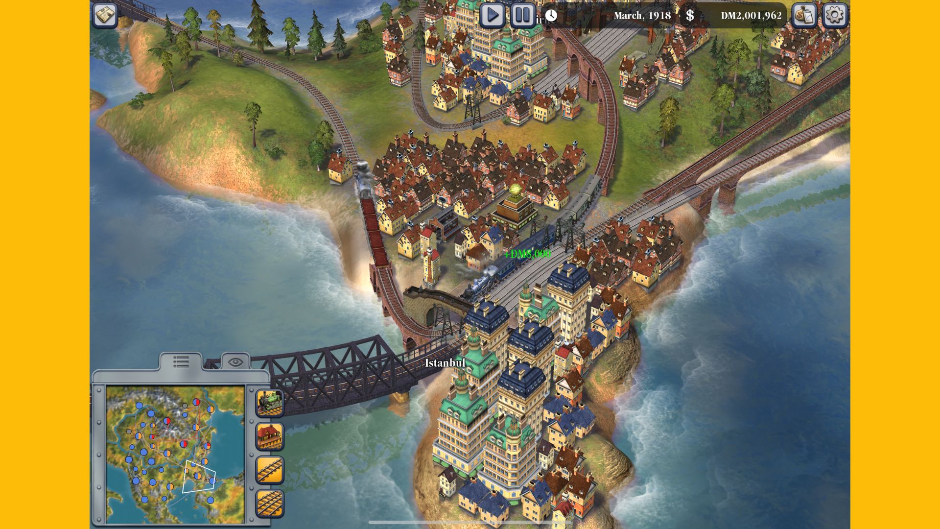 Recenzja Sid Meier's Railroads na urządzenia mobilne — zrzut ekranu przedstawiający różne tory kolejowe przelatujące nad sobą w pajęczej sieci na zielonych równinach między miniaturowymi miasteczkami.