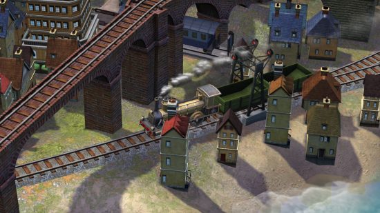 Sid Meier's Railroads review -- a train with smoke billowing out the top powers through a miniature town past a railway bridge and under it.