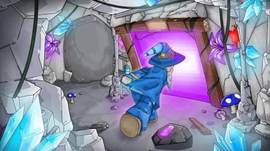 Kody Slime Mine: kluczowa grafika do gry Roblox Slime Mine pokazuje czarodzieja przechodzącego przez fioletowy portal, prawdopodobnie w celu wydobywania szlamów