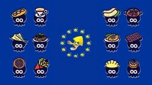 Splatoon 3 European Championship art showing various squid cartoons with different plates of food on their head, with another one in the middle and splats of ink around it like the EU flag.