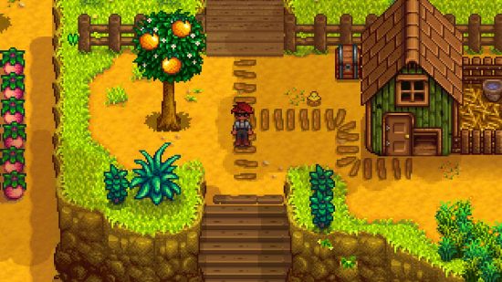 Screenshot of a player standing by an orange tree in Stardew Valley for Stardew Valley 1.6 update news