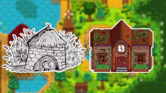 Stardew Valley concept art: Eric's pen drawing of the community center outlined in white and pasted next to the pixel art final design, also outlined in white. The background of the image is a blurred screenshot of Pelican Town.
