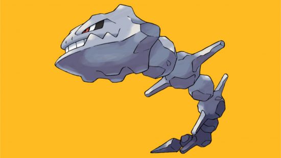 Steel Pokemon weakness - Steelix in front of a yellow background