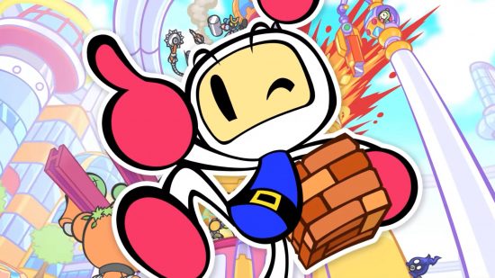 Screenshot of Bomberman pointing at the camera for Super Bomberman R 2 release date news for Switch