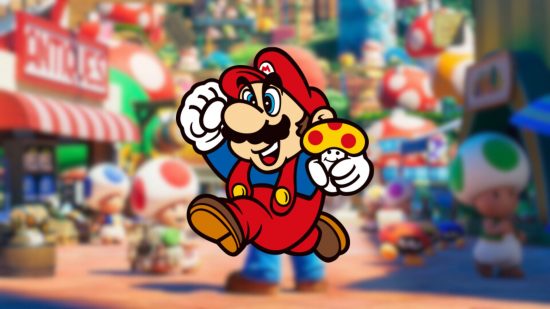 Super Mario Bros. Theme Library of Congress - an old sprite of Mario on a blurred background of the mushroom kingdom. Mario is a man with a big nose, bushy moustache, red hat and dungarees, blue shirt, white gloves and brown boots. he is jumping joyfully while holding a yellow mushroom with red dots on it.