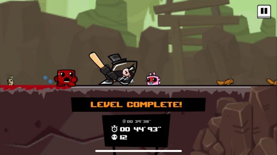 Super Meat Boy Forever mobile review - Screenshot showing a cube of meet, a fetus in a glass shell in a suit, and a pink cube of meat on a platform. The glass case suit is about to hit the pink meat with a baseball bat.