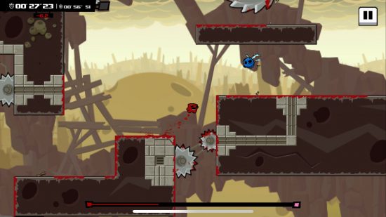Super Meat Boy Forever mobile review - a cube of meat animated jumps over a gap in a 2d shot as razorblades whirr below.