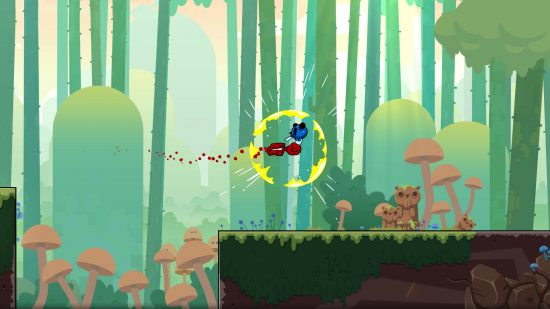 Super Meat Boy Forever mobile review - a cube of meat animated jumps over a crevice and punches a blue bug in a forest scene in 2d