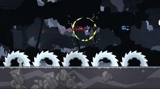 Super Meat Boy Forever mobile review - a cube of meat animated leaps over whirring blades on a steely stoney platform and punches a blue bug in a 2d cave scene.