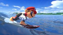 Surfing games - Mario, a man in a red hat and shirt and blue dungarees on a surf board on blue waves with blue sky and big clouds in the distance.