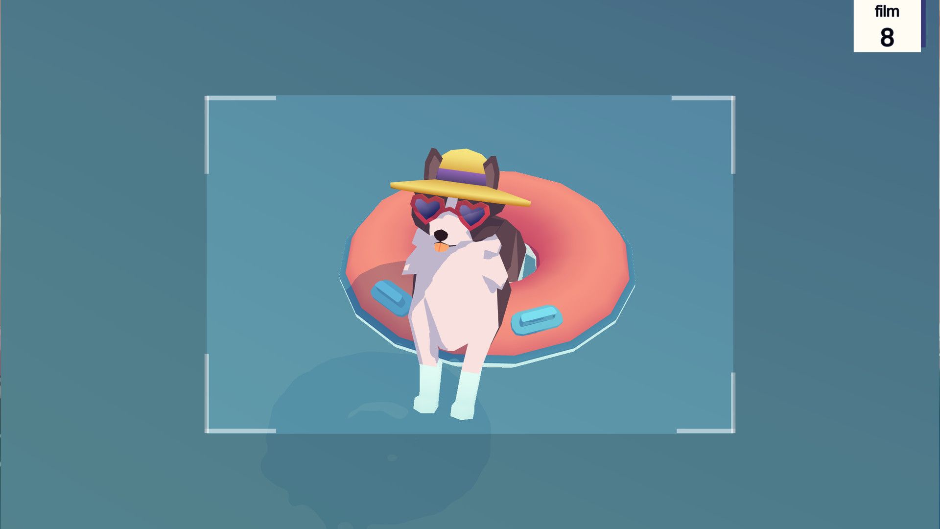Surfing games - a dog in sunglasses and a hat sat in a pool donut in a pool.
