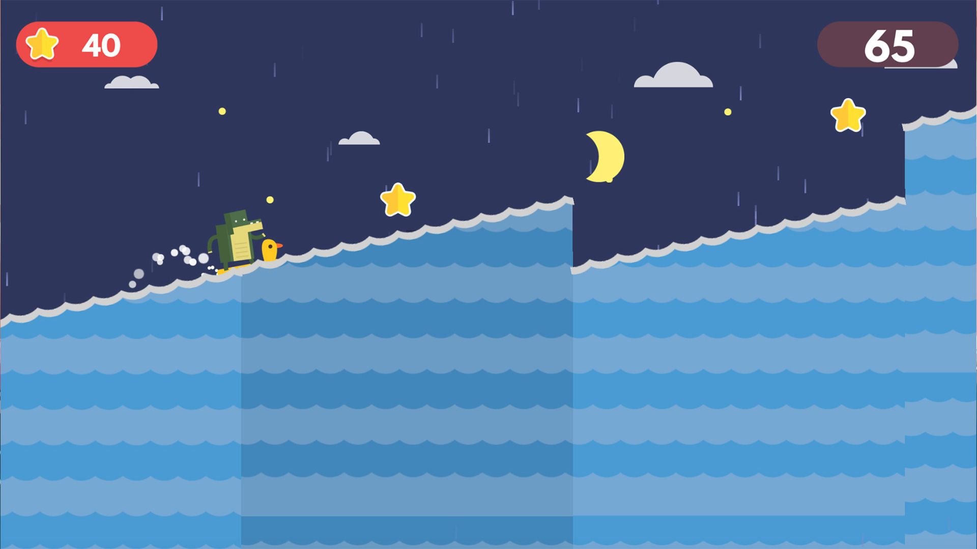Surfing games - a crocodile glides up a wave in a 2d screenshot.