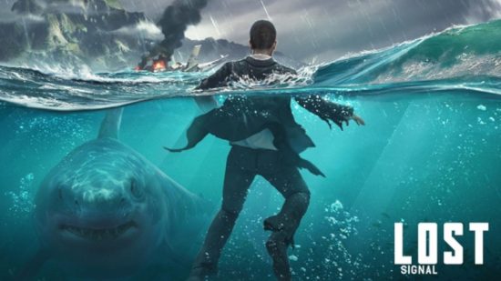 ภาพหน้าจอของ Lost Signal Key Art กับชายลอยและฉลามสำหรับคู่มือเกมการเอาชีวิตรอด