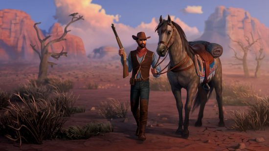 Nøkkelkunst fra Westland Survival, en Cowboy RPG på listen vår over de beste overlevelsesspillene