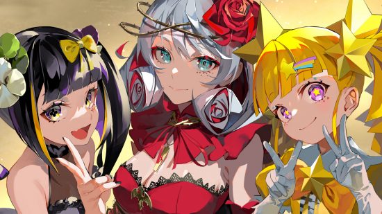 takt op. Symphony release date: Three of the main Musicarts girls posing and smiling. The one on the left has black hair in pigtails with yellow and purple streaks. The center girl has a grey-silver bob with curled up ends and red streaks. The girl on the right has bright yellow hair in feathery pigtails with star accessories and is doing doube peace signs.