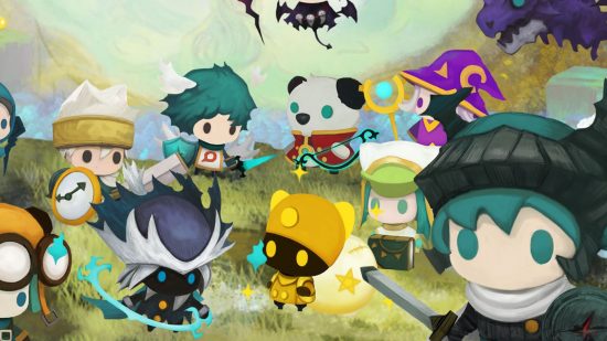 Tap Dragon Little Knight Luna pre-registration art showing various cartoon characters chibified walking around a grassy plain.