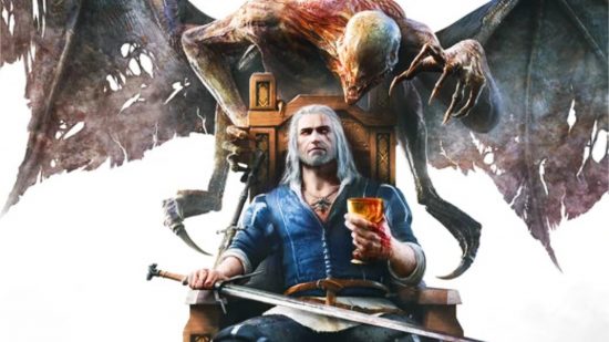 The Witcher games - Geralt sat in a chair with a monsteer behind him