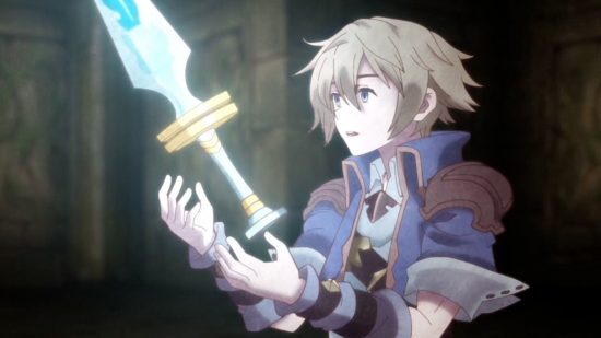 Trinity Trigger Switch review - Cyan holding his hands out in surprise as a glowing sword floats in front of him