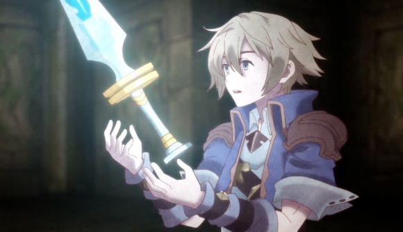 Trinity Trigger Switch review - Cyan holding his hands out in surprise as a glowing sword floats in front of him