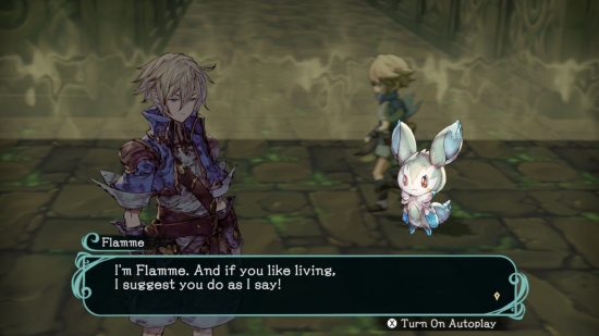 Trinity Trigger Switch review - a screenshot from the game showing Cyan and Flamme talking