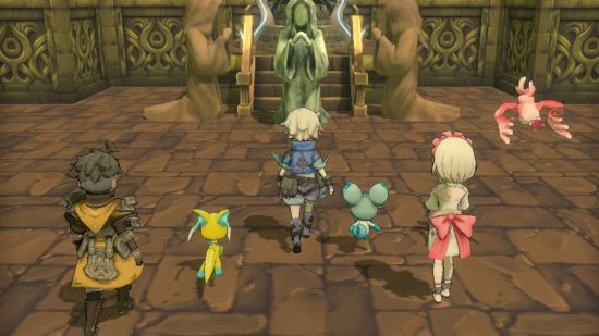 Trinity Trigger review - a screenshot of the characters approaching a shrine