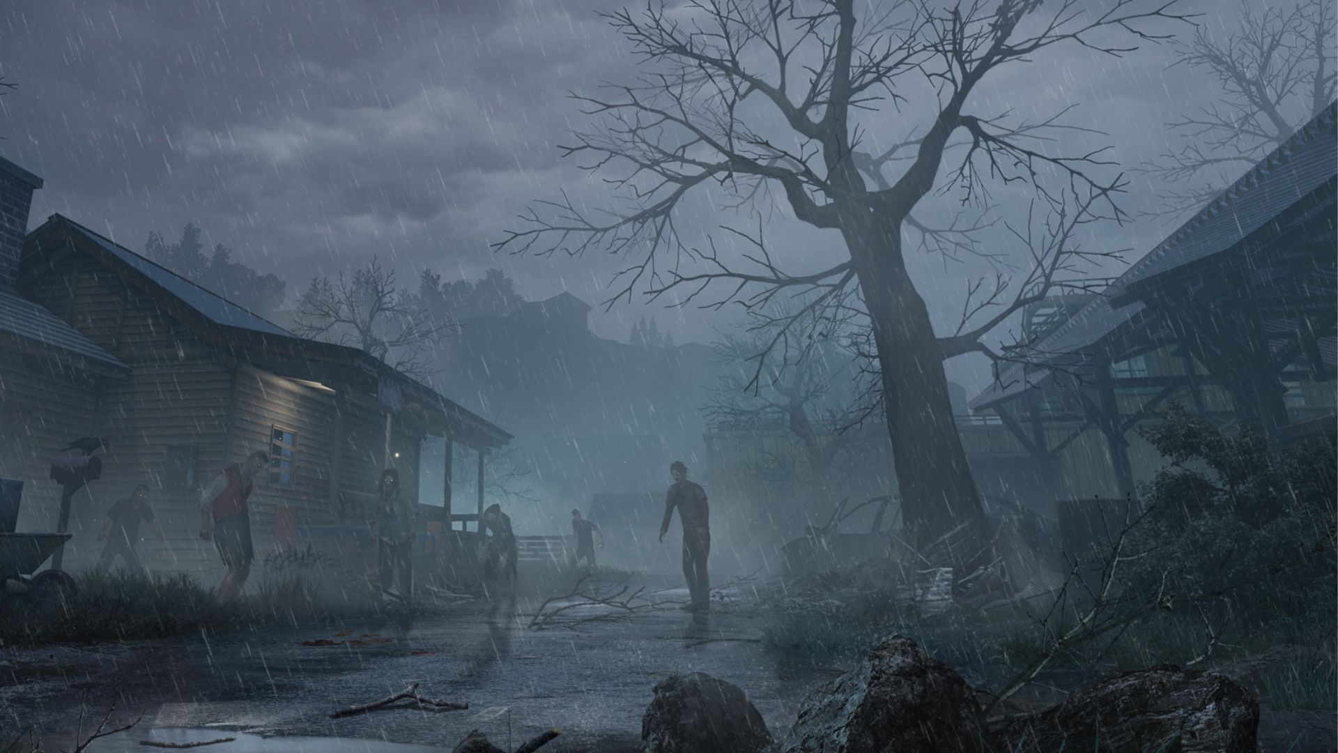 Pierwsze wrażenia Undawn - sylwetki zombie idące mglistą, opuszczoną ulicą z niskimi budynkami i dużym, bezlistnym drzewem.