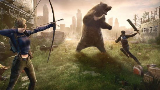 Undawn pierwsze wrażenia - mężczyzna z maczetą i kobieta z łukiem i strzałami walczą z gigantycznym niedźwiedziem grizzly przed odległymi opuszczonymi budynkami na trawie.
