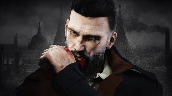 Vampire games: Key art from Vampyr showing the main character wiping blood from his mouth on a dark and misty background.