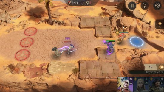 Screenshot of a desert battle against skeletons for Watcher of Realms preview