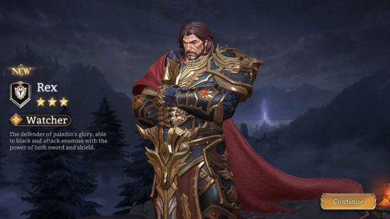 Screenshot of the character unlock screen for Rex in Watcher of Realms