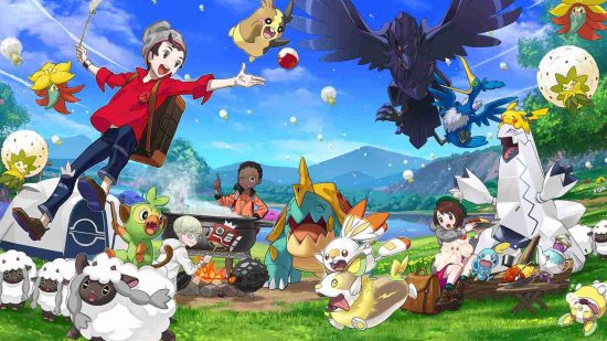 What is Pokemon: key art for Pokémon Sword and Shield shows a trainer and several Pokemon outdoors in the wild
