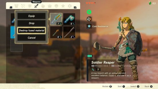Zrzut ekranu opcji menu rozbierania broni wykonanej za pomocą mechaniki zapalników Zelda: Tears of the Kingdom
