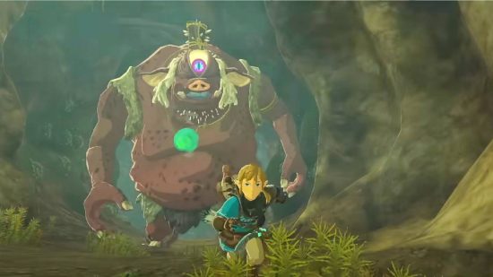 The Legend of Zelda: Tears of the Kingdom previews: Link runs towards the viewer, away from a Hinox