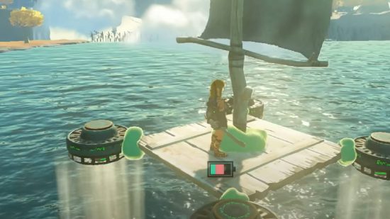Zelda Tears of the Kingdom trailer breakdown: Link powers a raft with flying engines, while a battery meter runs down