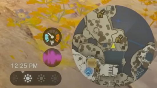 Zelda Tears of the Kingdom trailer breakdown: a close up view shows a minimap with cave icons visible