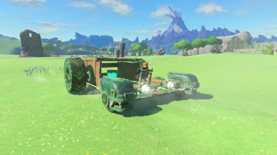 Screenshot of one of the Zelda: Tears of the Kingdom vehicles from the trailer with Link riding
