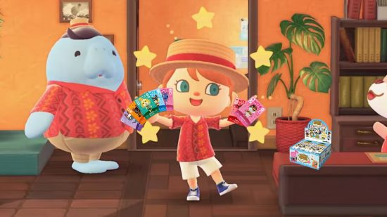 A human villager holding some different Animal Crossing Amiibo cards