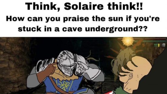 A Dark Souls meme with two cartoon characters talking about a cave