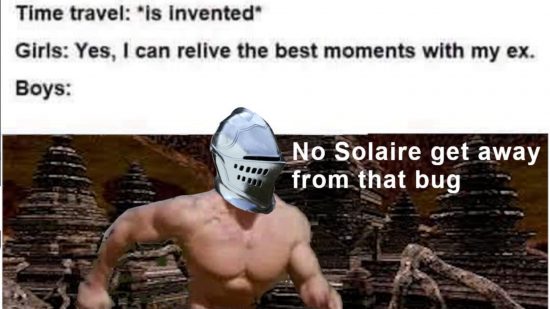 A Dark Souls meme of a shirtless man running with a metal helmet on