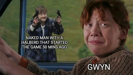 A Dark Souls meme with Daniel Radcliffe holding two guns while Ron Weasley looks on with a pained look on his face