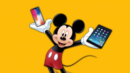 Disney Plus download: Mickey Mouse holding apple products