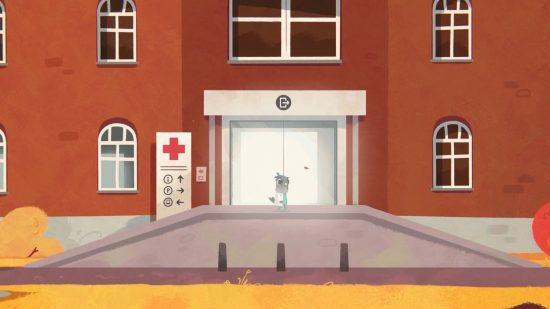 Fall of Porcupine Switch release: a small bird standing outside some hospital doors