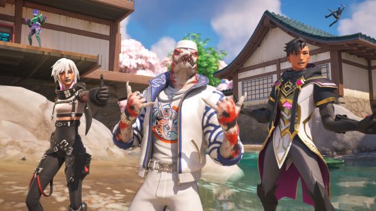 Fortnite leaks: three player characters wearing fancy outfits in front of two houses