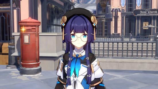 Honkai Star Rail Pela wearing her glasses in a town with a red postbox
