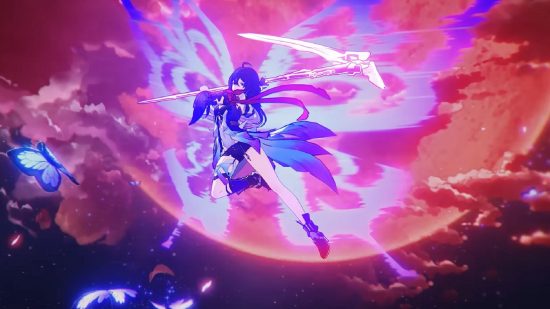 Honkai Star Rail Seele during her ultimate move, in the air, with a scythe