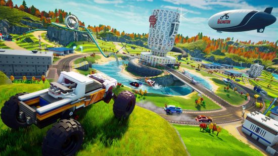 Lego 2K Drive review: a car looks over a hill at an open-world racing track