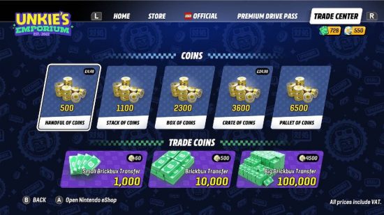 Lego 2K Drive review: a menu shows the options for buying coins and brickbux