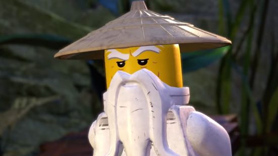 One of the Lego Ninjago characters wearing a hat and a large white beard