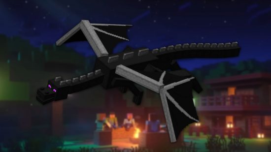 A Minecraft ender dragon png over a background of a campfire